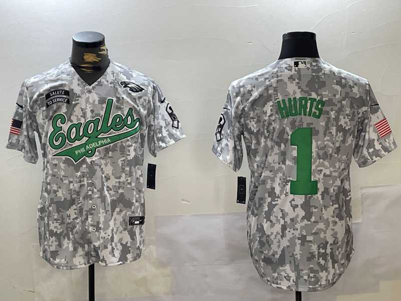 Mens Philadelphia Eagles #1 Jalen Hurts Arctic Camo 2024 Salute to Service Stitched Baseball Jersey